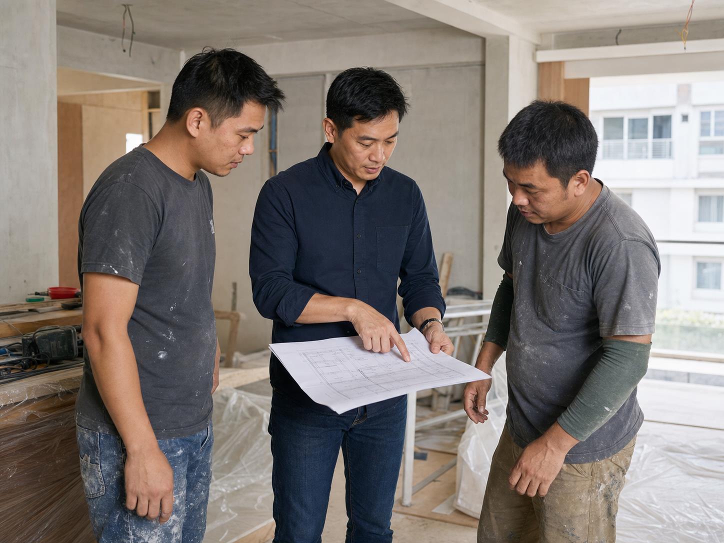 Project manager coordinating site details with workers