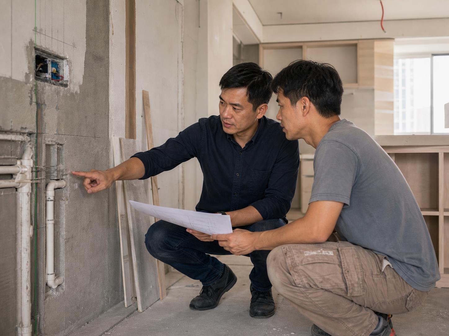 Project manager resolving a renovation site issue