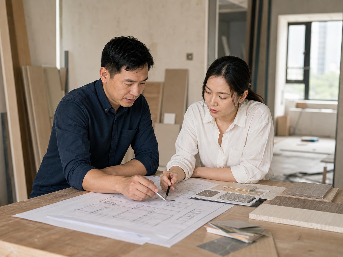 Project manager and designer reviewing renovation plans