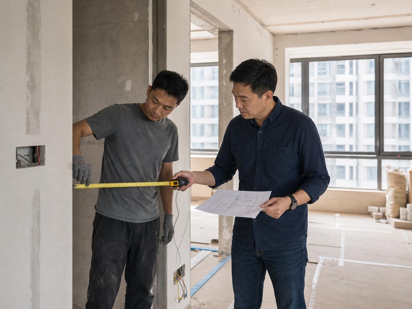Site manager checking measurements during renovation