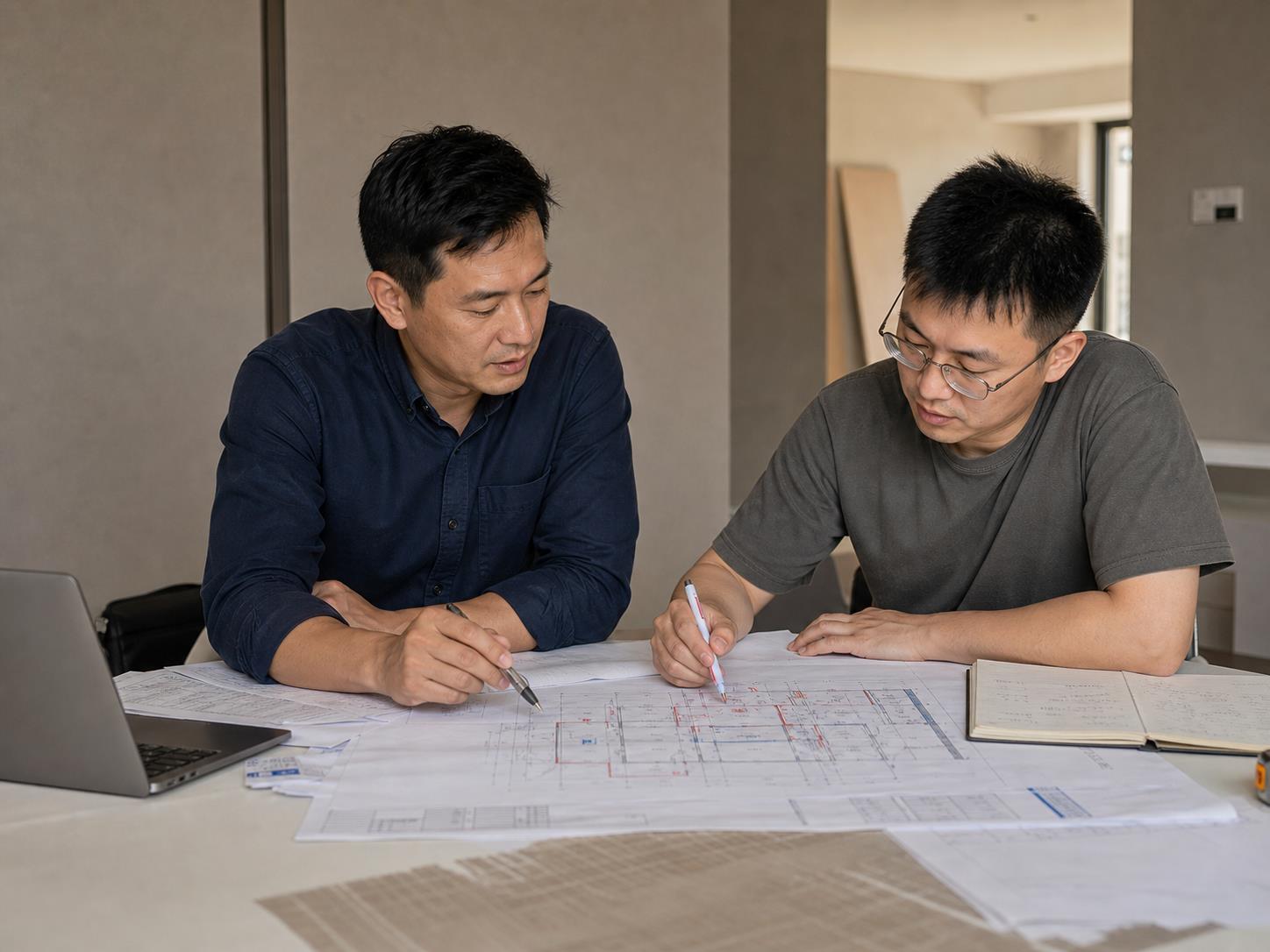 Technical planning meeting with renovation drawings