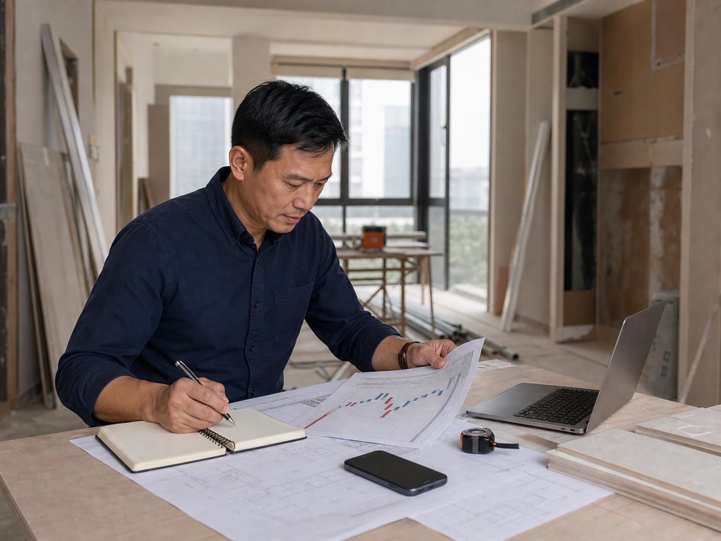 Project manager planning renovation schedule