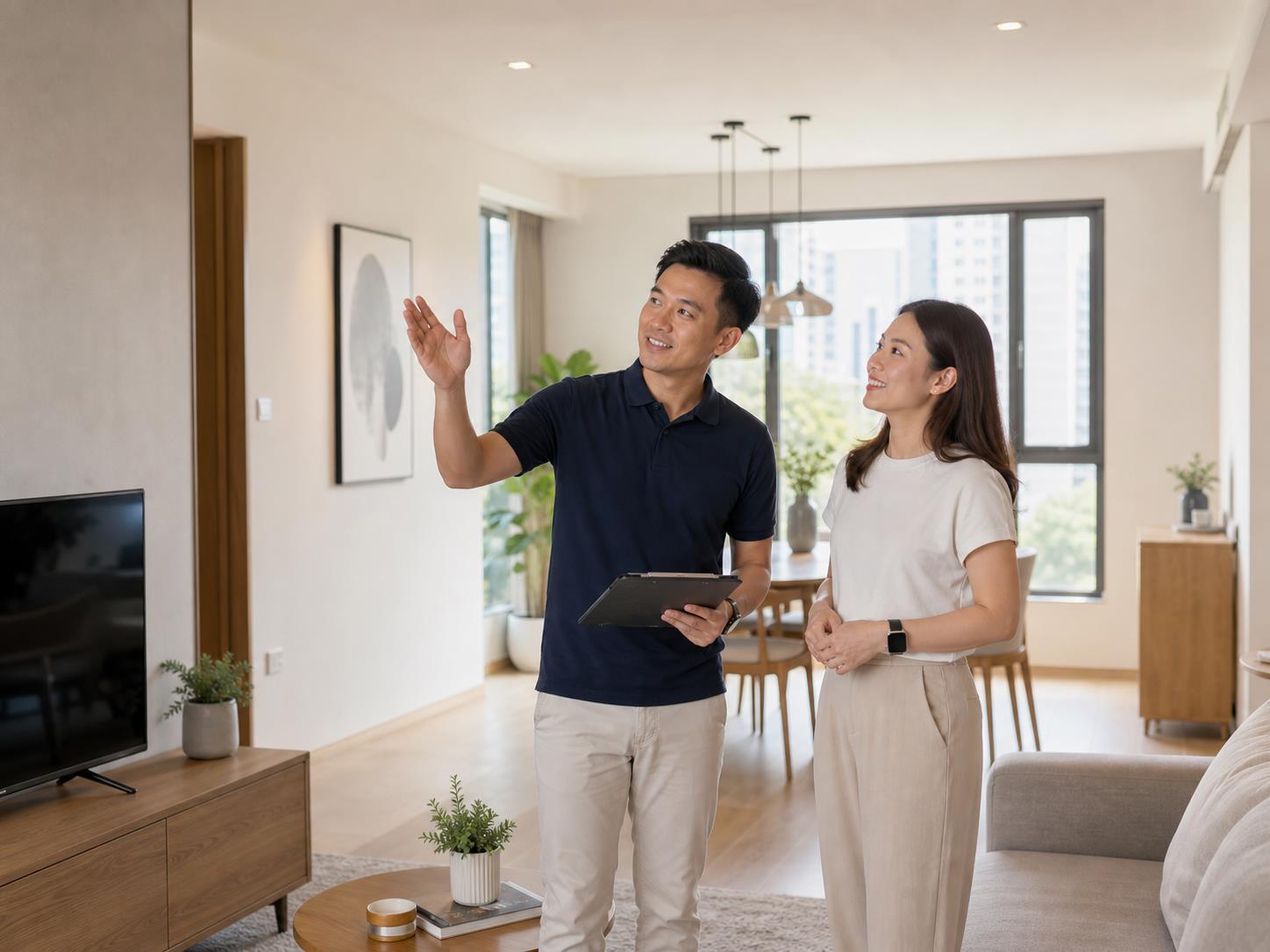 Project manager reviewing completed home with client