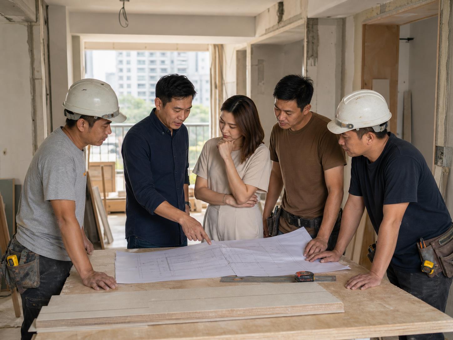 Project team discussion at renovation site